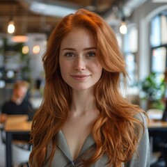 A 24-year-old gorgeous redhead Russian supermodel standing in a coworking space,