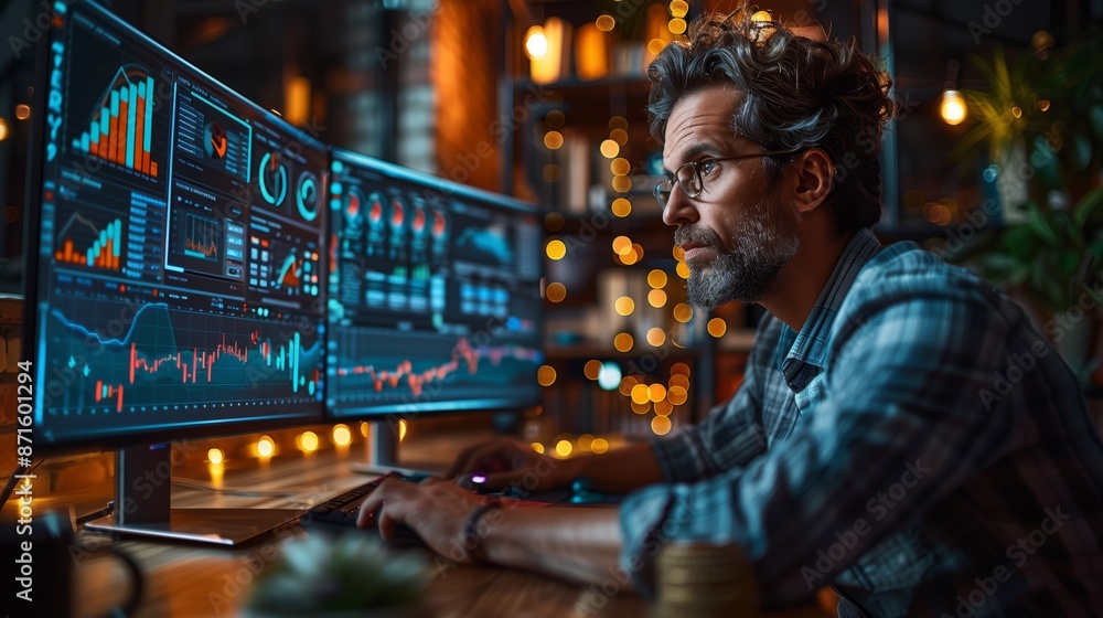 Poster man analyzing data in cozy office. man with glasses analyzing data on dual monitors in a cozy office