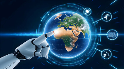 AI. Global communication technology concept. AI controls global network. Robot hand point on Earth in cyber space. Robotic arm interacts with 3d Earth on HUD. Artificial intelligence connections IOT