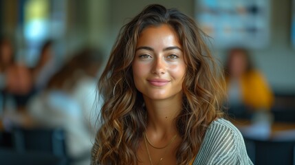 Smiling Woman in Classroom Setting. Young woman with wavy hair and a friendly smile, seated in a classroom with blurred classmates in the background.
