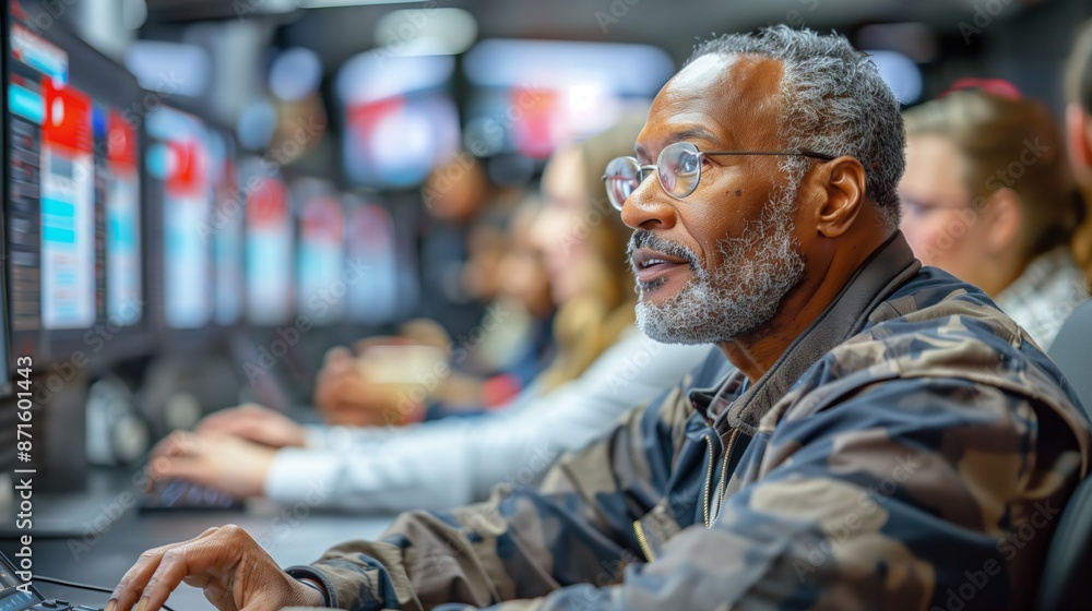 Poster senior man working in busy control room. elderly man with glasses, attentively working on a computer
