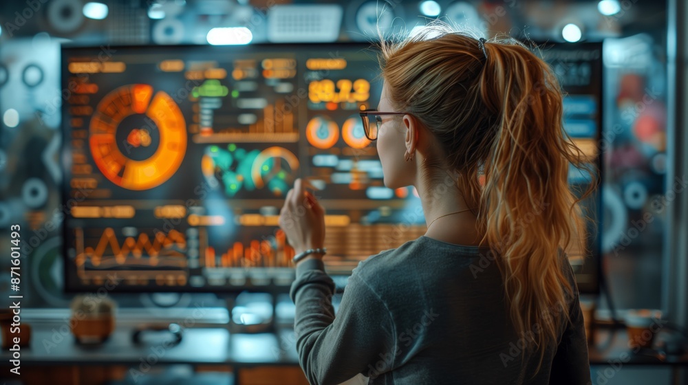 Poster woman presenting data on large screen. woman with a ponytail presenting data on a large screen in a 