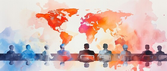 An international business class discussing global markets, watercolor, vibrant, realistic