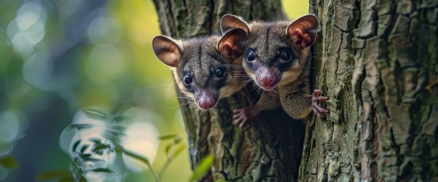 Two Ring-Tailed Possums Clinging To A Tree,High Resolution, Ultra HD