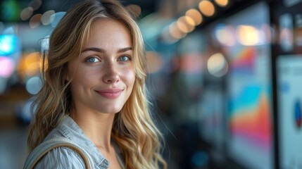 Obraz premium Smiling Woman in Bright Modern Office. Young woman with blonde hair smiles warmly in a brightly lit, modern office setting, exuding confidence and positivity.