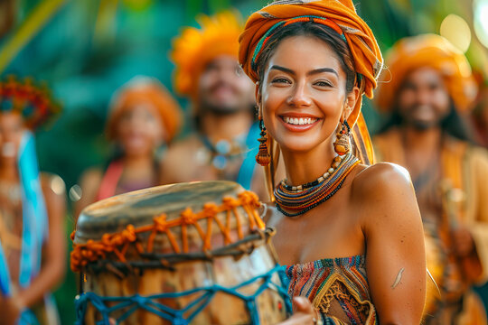 Brazilian woman playing on atabaque with band smiling at carnival party