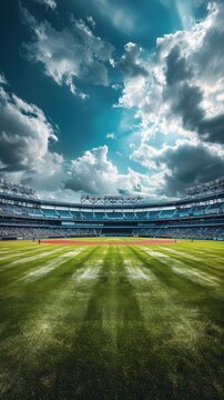An empty baseball field sits under a cloudy blue sky