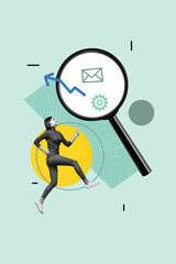 Vertical photo collage of happy business girl run promotion arrow up magnifier zoom letter gearwheel isolated on painted background