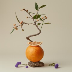 An artistic display inspired by bonsai, featuring an orange and natural elements arranged in a creative manner, set against a neutral background highlighting its elegance and creativity.