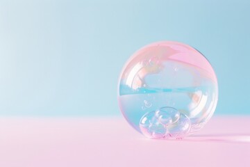 A single reflective bubble rests delicately on a surface with alternating pink and blue pastel colors, capturing light beautifully and bringing a sense of calm and serenity.