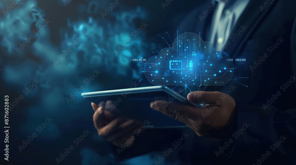 Poster digital network of interconnected cloud technology. businessman using a tablet with cloud technology