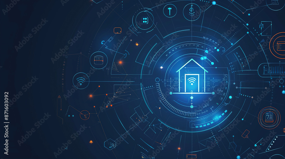 Poster digital smart home technology concept. smart home technology background with icons representing vari