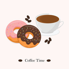 Cup of coffee and donuts on a light pink background.vector illustration.