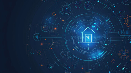 Fototapeta premium Digital smart home technology concept. Smart home technology background with icons representing various connected devices and services. Futuristic smart home technology. Future technology home remote 