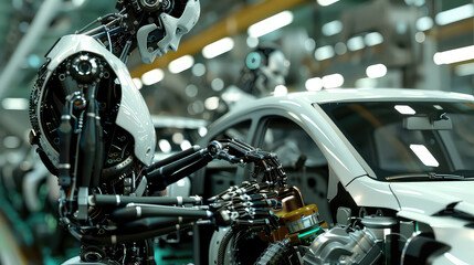 Robot working on car assembly in industrial factory setting generated with AI