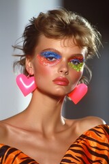 Fototapeta premium A close-up portrait of a woman with colorful, creative makeup, featuring glitter and bold eyeshadow, paired with large heart earrings, set against a studio backdrop, showcasing avant-garde fashion.