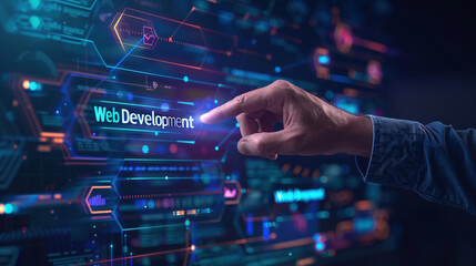 Technology background concept. Businessman checks a mark on a virtual screen with the text "web development". Digital futuristic style background for business technology. Business technology internet.