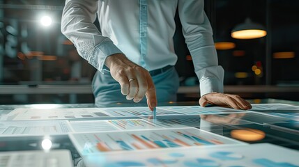 Businessman analyzing company's financial balance sheet working with digital augmented reality graphics. Businessman calculates financial data for long-term investment. stock photo...
