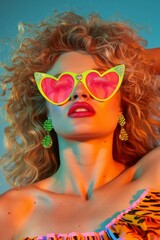 Fototapeta premium An individual is dressed in an eye-catching, vibrant outfit with striking green earrings, their wild curly blonde hair illuminated by colorful lighting, exuding playful elegance and creativity.