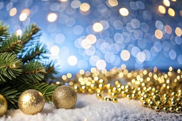 Obraz premium Festive bokeh light yellow-gold glow glitter gradient background empty. Banner candlelight defocused shine abstract for Celebration Christmas, New Year, Diwali, Thanksgiving, Ramadan, Christian, pray