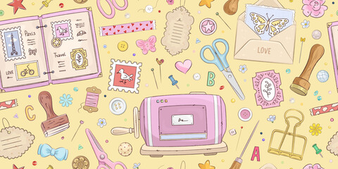 Seamless pattern with hand drawn art supplies for scrapbooking. Background with handmade, scrapbook or planner decoration elements. Stickers, stamp, tape. Vector illustration