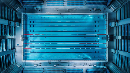 Top view of a swimming pool with spectators chairs