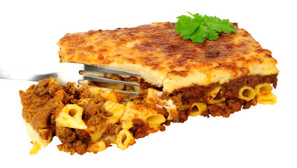 Baked Pastitsio pasta isolated on a white background