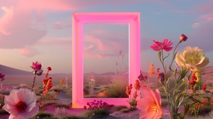 A captivating desert scene where a pink neon frame stands out among blooming flowers set against a magnificent sunset sky, blending technology with nature's splendor.