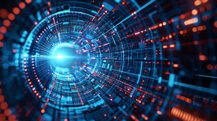 Obraz premium Futuristic digital tunnel with blue and red lights representing advanced technology and data flow in a high-tech network concept.