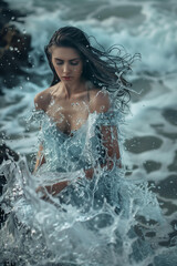 Obraz premium Beautiful woman in dress made of cold water and ice, winter rocky ocean shore background with cold water splashes flying around her, fantasy style, fashion photography, bright colors, soft light