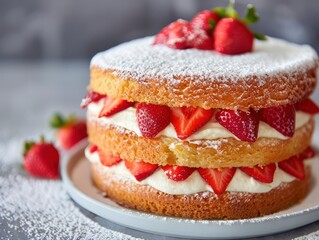 A cake with strawberries and powdered sugar on top.