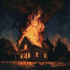 Three-Story Wooden House Ablaze with Crackling Fire, Casting Enchanting Orange and Yellow Flames Against the Dark Night Sky, High-Resolution AI-Generated Wallpaper，halloween