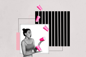 Composite trend artwork sketch collage of miniature silhouette young lady hand hold carton beverage cup togo juggler balanace wow omg face