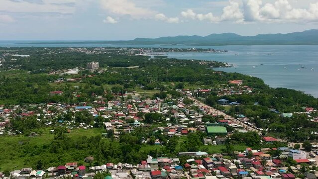 Aerial drone of residential area of the city of Puerto Princesa on the island of Palawan. Philippines.