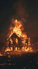 Three-Story Wooden House Ablaze with Crackling Fire, Casting Enchanting Orange and Yellow Flames Against the Dark Night Sky, High-Resolution AI-Generated Wallpaper，halloween