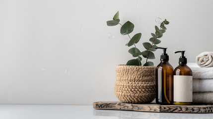A stack of towels, two bottles with eco-friendly cleaning health products and an eucalyptus leaf in round beige ceramic pots on the table with soap baubles flying around .