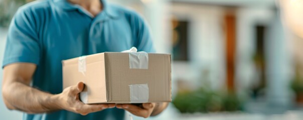 Editorial style image of a courier delivering medications, branded delivery box, suburban neighborhood setting, happy customer receiving the package