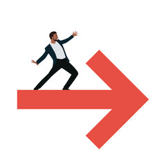 Obraz premium Young businessman standing on a red arrow. Flat vector illustration isolated on white background