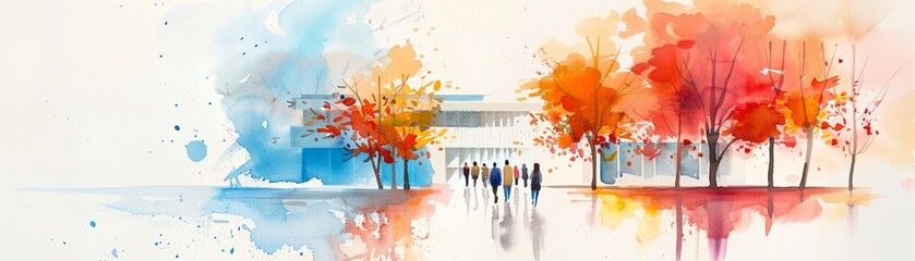 A business school campus with students walking to class, watercolor, vibrant, lifelike