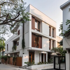 A white building with Indian architecture elements and a modernist architectural style features light gray walls and dark brown wood accents in a simple design. 