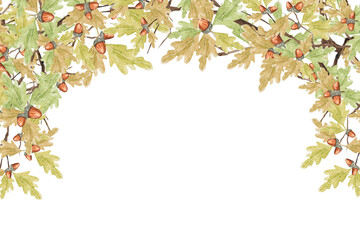 Watercolor illustration frame of acorns, branches and oak leaves, watercolor wreath of oak branches, watercolor hand drawing