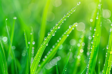 Naklejka premium Dewdrops on Blades of Grass in the Morning Sun