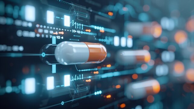 Magazine style cover photo of a futuristic online pharmacy concept, high-tech design, innovative features, professional layout