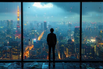 Fototapeta premium A business professional standing by a large window, looking out at a bustling cityscape, representing the feeling of loneliness despite being surrounded by activity