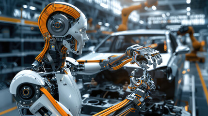Robot assembling car in automated manufacturing plant generated with AI