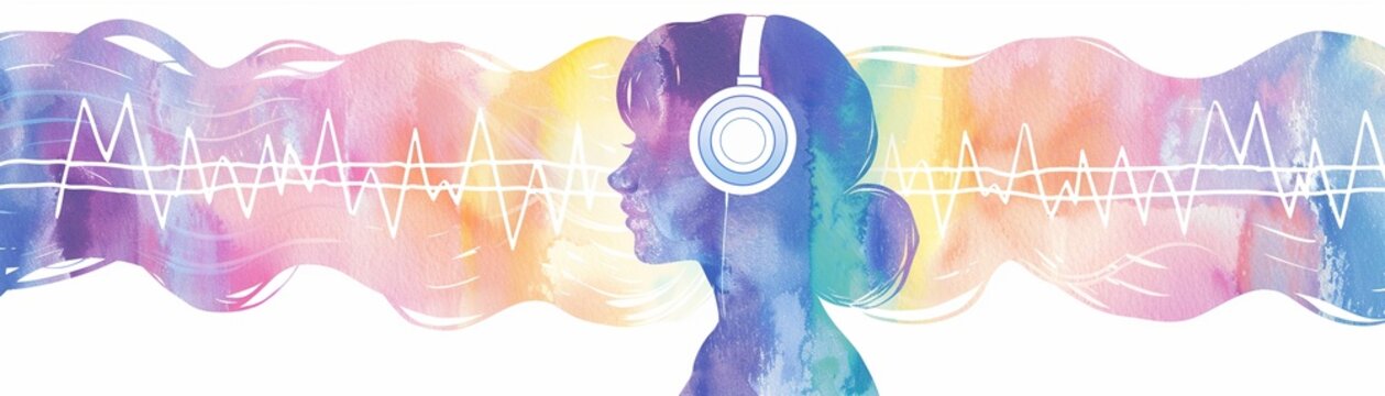 A person using binaural beats headphones for brain stimulation, watercolor, vibrant, lifelike