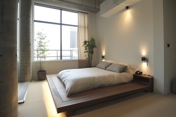 A modern bedroom with a platform bed, nightstands, and minimalist decor.
