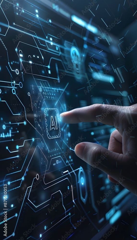 Poster a hand touching an ai icon of digital security on the screen, symbolizing modern technology and data