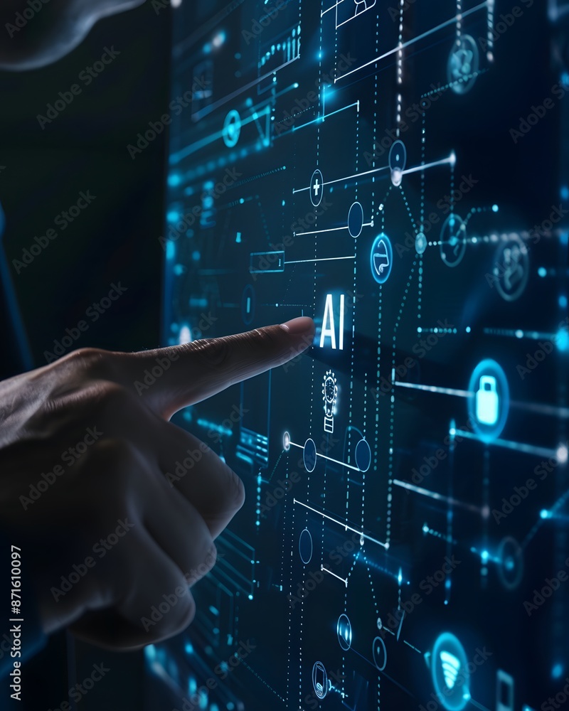 Aufkleber a hand touching an ai icon of digital security on the screen, symbolizing modern technology and data