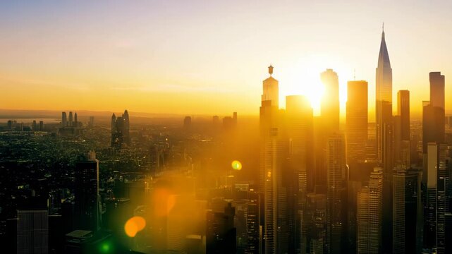 Stunning golden sunrise illuminates towering skyscrapers of a modern metropolis. Warm sunlight bathes sleek buildings in a ethereal glow, creating a dramatic silhouette against the vibrant sky. 